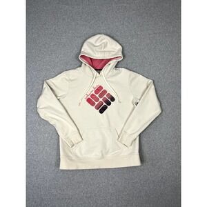 Columbia Sweatshirt Womens L Beige Long Sleeve Hooded Front Graphic Logo